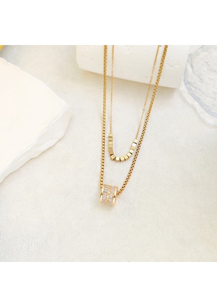 BINRONG0078 Altın Rengi Çift Katlı Yığma Gerdanlık Zirkon Kolye (Yurt Dışından) fiyatları
