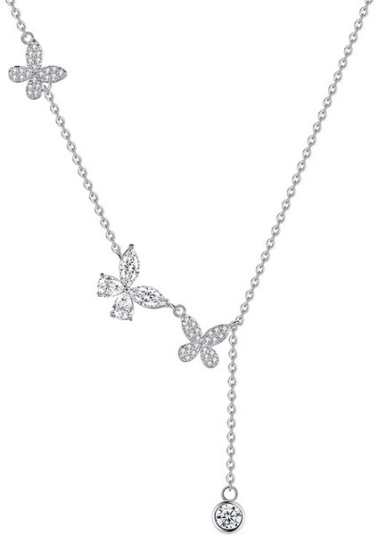 BINRONG0294 Gümüş Püsküllü Kelebek Zirkon Taşlı Kolye (Yurt Dışından)