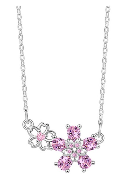 BINRONG0369 Gümüş Şeftali Pembe Zirkon Taşlı Kolye (Yurt Dışından)