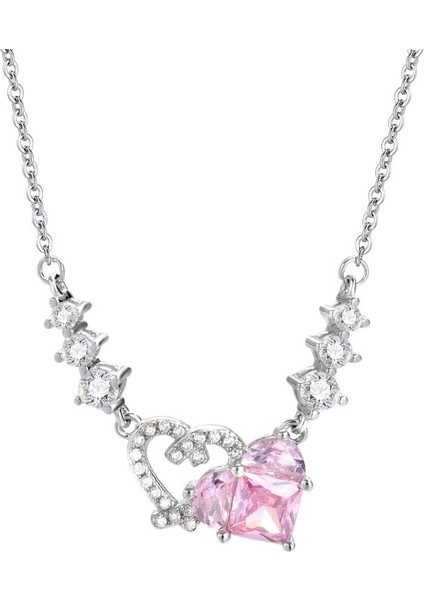 BINRONG05010 Gümüş Kalp Pembe Zirkon Taşlı Kolye (Yurt Dışından)