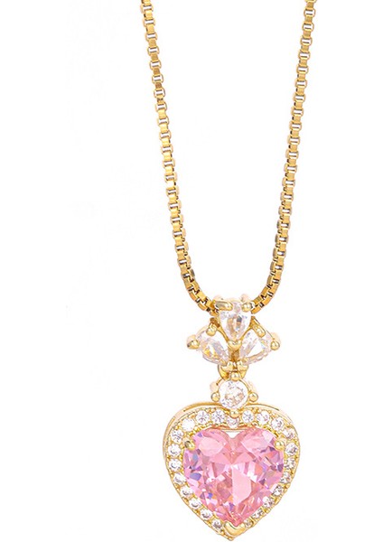 BINRONG0108 Altın Kalp Pembe Zirkonyum Kolye (Yurt Dışından)