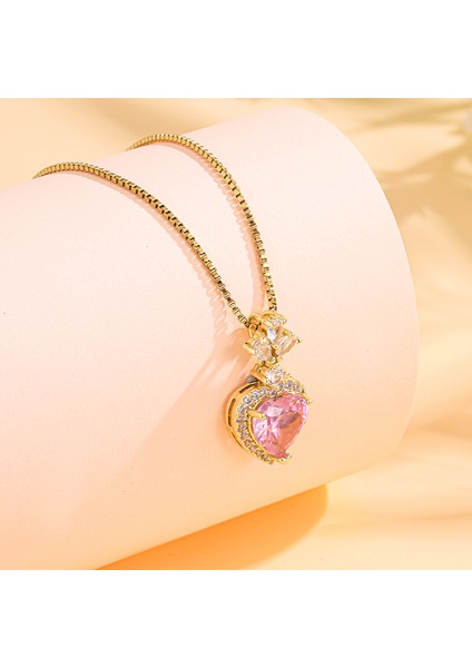 BINRONG0108 Altın Kalp Pembe Zirkonyum Kolye (Yurt Dışından) fiyatları
