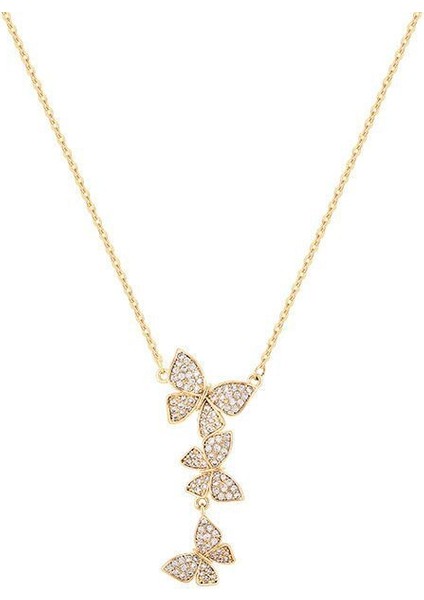 BINRONG0263 Altın Üç Kelebek Zirkon Taşlı Kolye (Yurt Dışından)