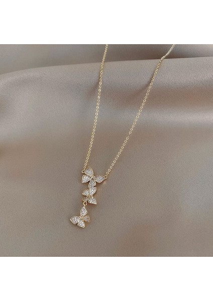 BINRONG0263 Altın Üç Kelebek Zirkon Taşlı Kolye (Yurt Dışından) fiyatları