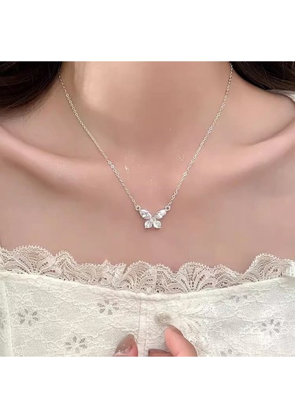 BINRONG0484 Gümüş Kelebek Zirkon Taşlı Kolye (Yurt Dışından) fiyatları
