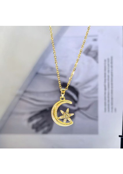 BINRONG0094 Altın Ay Zirkonyum Kolye (Yurt Dışından) fiyatları