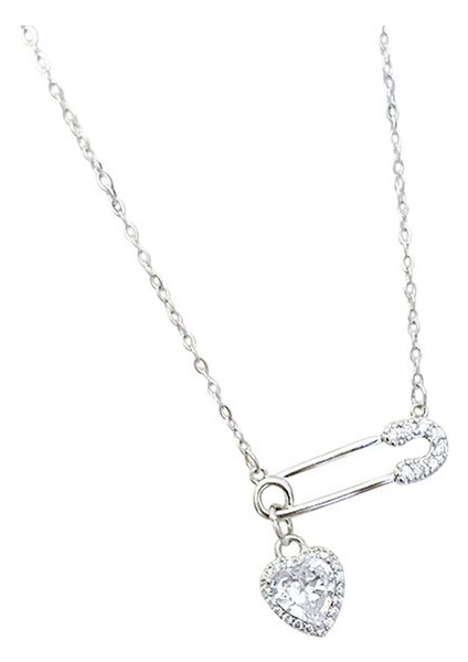 BINRONG0454 Gümüş Kalp Ataç Zirkon Taşlı Kolye (Yurt Dışından)