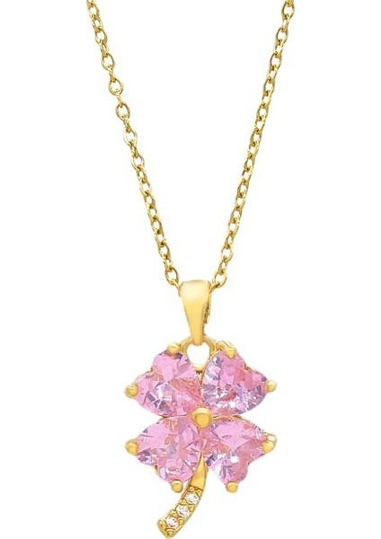 BINRONG0228 Altın Yonca Pembe Zirkonyum Kolye (Yurt Dışından)