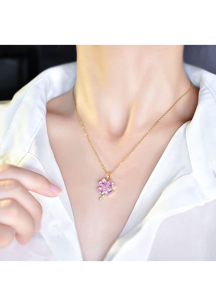 BINRONG0228 Altın Yonca Pembe Zirkonyum Kolye (Yurt Dışından) fiyatları