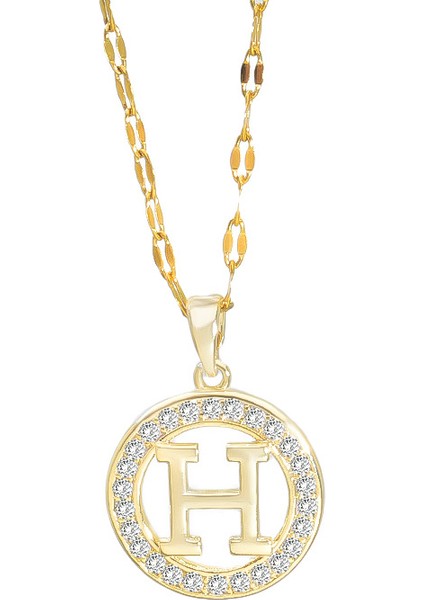 BINRONG0177 Altın Renkli Yuvarlak H Harfi Zirkonyum Kolye (Yurt Dışından)