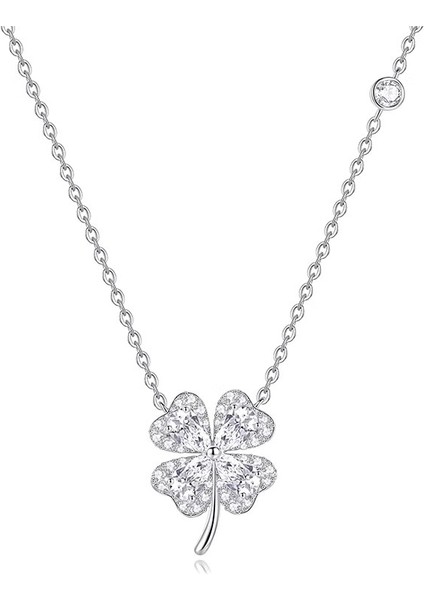 BINRONG0451 Gümüş Yonca Zirkon Taşlı Kolye (Yurt Dışından)