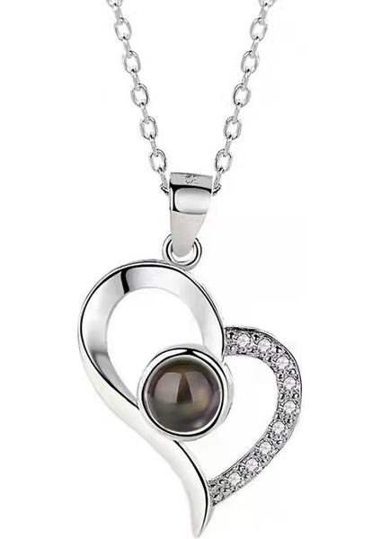 BINRONG0244 Gümüş Kalp Zirkon Taşlı Kolye (Yurt Dışından)