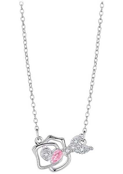 BINRONG0347 Gümüş Gül Kalp Zirkon Kolye (Yurt Dışından)