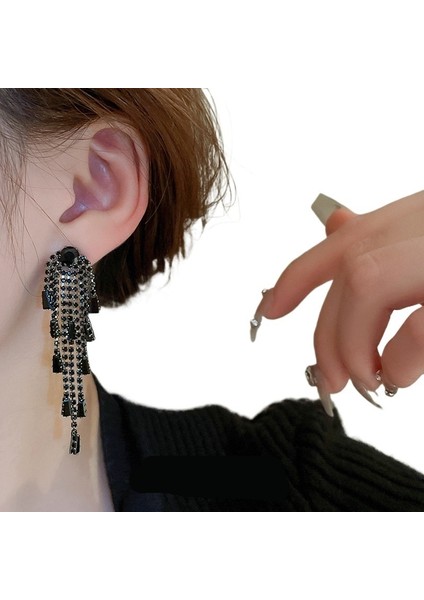 Gümüş Iğne Zirkon Uzun Püskül Küpe Kişilik Yaratıcı Tasarım Küpeler Koyu Stil Açık Lüks Moda Küpeler (Yurt Dışından)