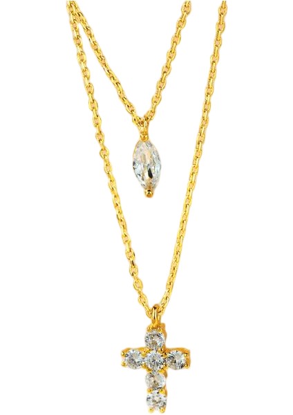 BINRONG0550 Altın Çift Katmanlı Haç Zirkonya Kolye (Yurt Dışından)