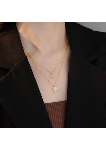 BINRONG0550 Altın Çift Katmanlı Haç Zirkonya Kolye (Yurt Dışından) fiyatları