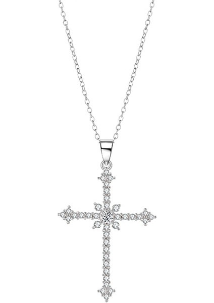 BINRONG0305 Gümüş Çapraz Zirkon Taşlı Kolye (Yurt Dışından)