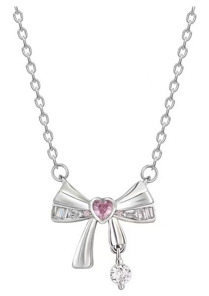 BINRONG0057 Gümüş Kurdele Zirkon Taşlı Kolye (Yurt Dışından)