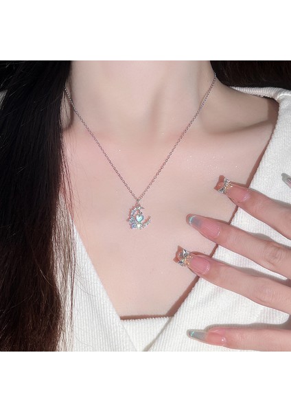 BINRONG0313 Gümüş Kalp Ay Zirkon Taşlı Kolye (Yurt Dışından) fiyatları