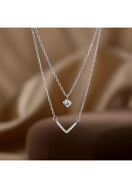 BINRONG0465 Gümüş Çift Katlı V Şeklinde Zirkon Taşlı Kolye (Yurt Dışından) fiyatları