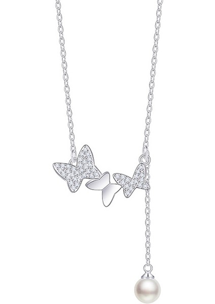 BINRONG0420 Gümüş Inci Kelebek Zirkon Taşlı Kolye (Yurt Dışından)