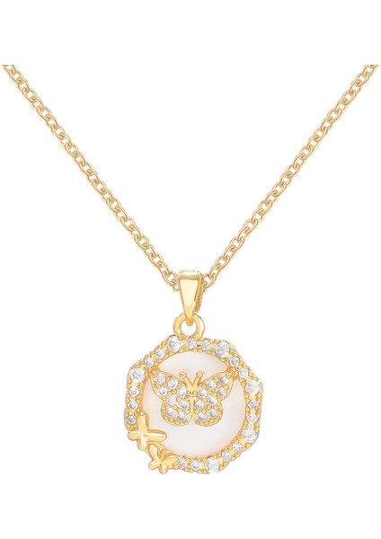 BINRONG0156 Altın Yuvarlak Kelebek Zirkon Kolye (Yurt Dışından)