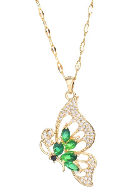 BINRONG0067 Altın Kelebek Yeşil Zirkonyum Kolye (Yurt Dışından)