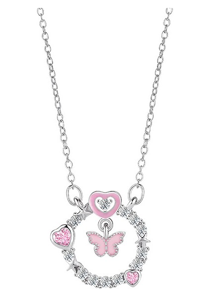 BINRONG0428 Gümüş Kalp Kelebek Zirkon Taşlı Kolye (Yurt Dışından)