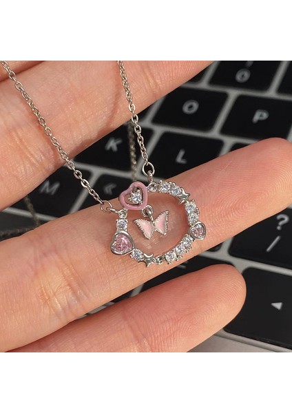 BINRONG0428 Gümüş Kalp Kelebek Zirkon Taşlı Kolye (Yurt Dışından) fiyatları
