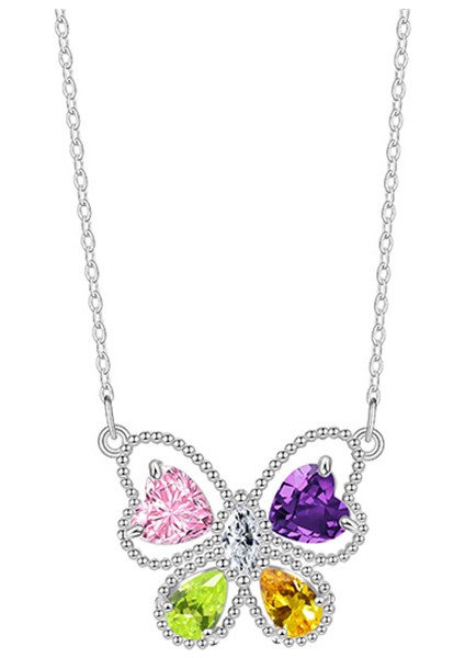 BINRONG0365 Gümüş Kelebek Renkli Zirkon Taşlı Kolye (Yurt Dışından)