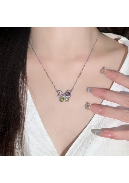 BINRONG0365 Gümüş Kelebek Renkli Zirkon Taşlı Kolye (Yurt Dışından) fiyatları
