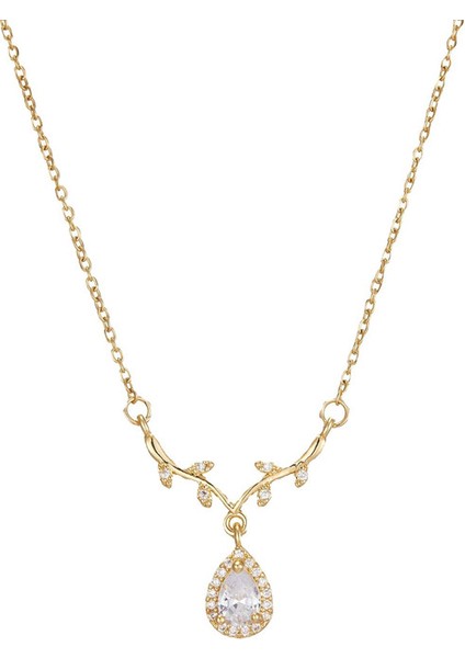 BINRONG0200 Altın Renkli Tam Pırlantalı Su Damlası Zirkonya Kolye (Yurt Dışından)