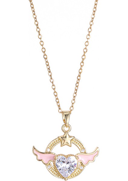 BINRONG0116 Altın Kalp Kanatlı Zirkon Kolye (Yurt Dışından)