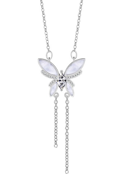 BINRONG0314 Gümüş Akan Kelebek Zirkon Taşlı Kolye (Yurt Dışından)