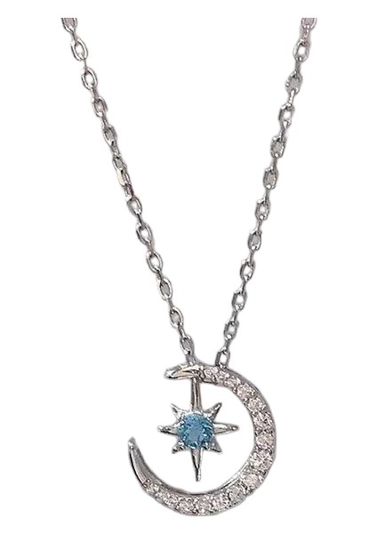 BINRONG0429 Gümüş Yıldız ve Ay Zirkon Taşlı Kolye (Yurt Dışından)
