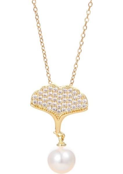 BINRONG0085 Altın Inci Ginkgo Biloba Zirkonyum Kolye (Yurt Dışından)