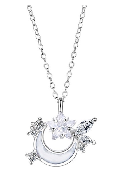 BINRONG0316 Gümüş Yıldız Ay Zirkon Kolye (Yurt Dışından)