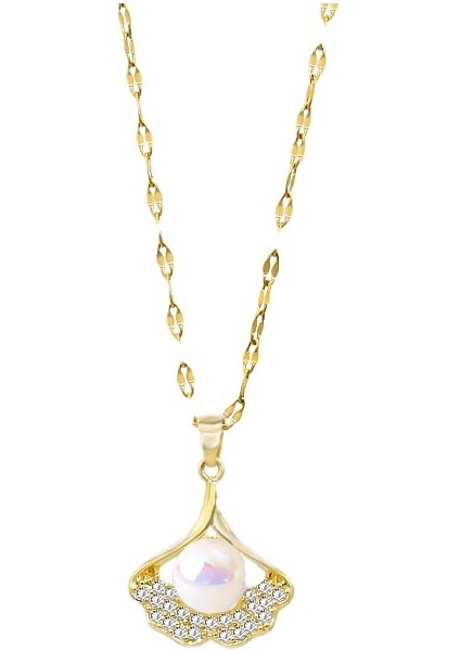 BINRONG0230 Altın Inci Ginkgo Biloba Zirkonyum Kolye (Yurt Dışından)