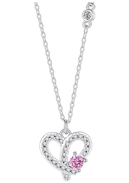 BINRONG0355 Gümüş Kalp Zirkon Taşlı Kolye (Yurt Dışından)