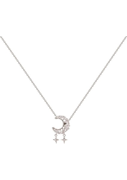 BINRONG0560 Gümüş Yıldız Ay Zirkon Kolye (Yurt Dışından)