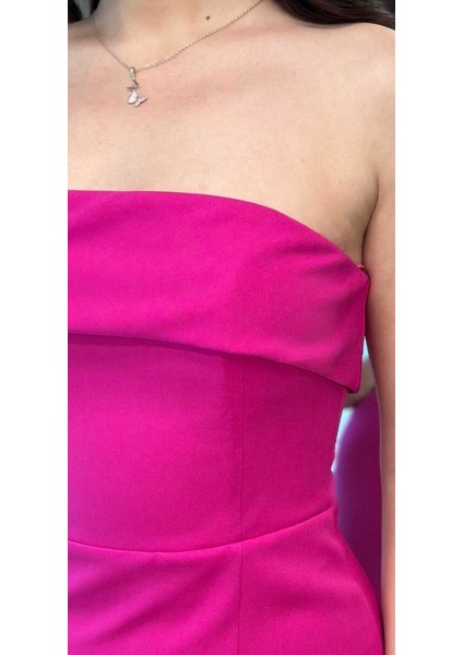Fuşya Straplez Yaka Yırtmaçlı Düz Kesim Krep Midi Abiye Elbise 7692 fırsatları