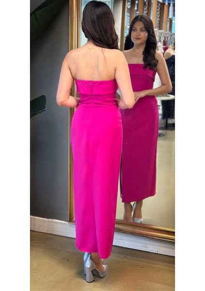 Fuşya Straplez Yaka Yırtmaçlı Düz Kesim Krep Midi Abiye Elbise 7692 indirimleri