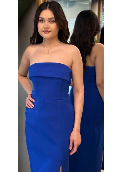 Saks Straplez Yaka Yırtmaçlı Düz Kesim Krep Midi Abiye Elbise 7692 fiyatları