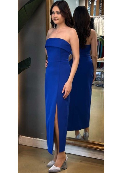 Saks Straplez Yaka Yırtmaçlı Düz Kesim Krep Midi Abiye Elbise 7692 modelleri