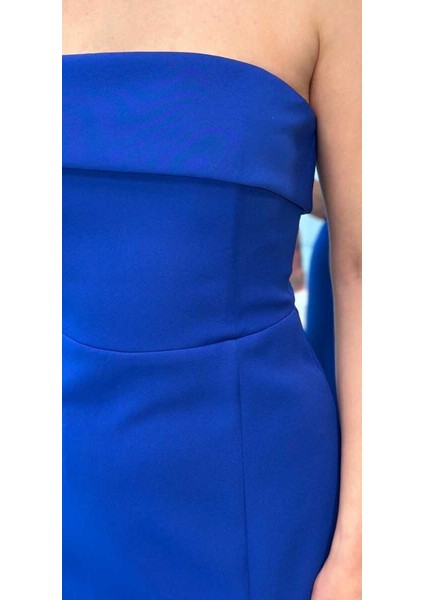 Saks Straplez Yaka Yırtmaçlı Düz Kesim Krep Midi Abiye Elbise 7692 fırsatları