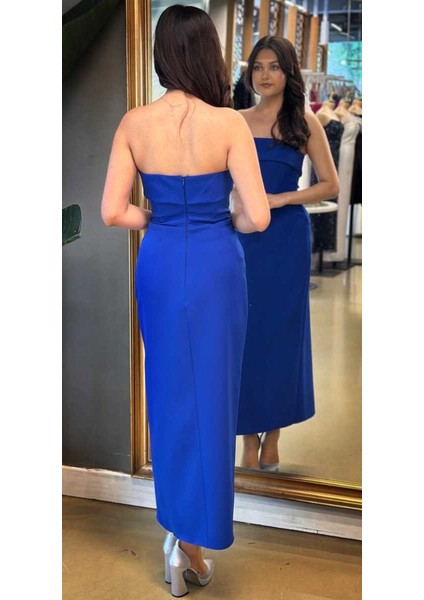 Saks Straplez Yaka Yırtmaçlı Düz Kesim Krep Midi Abiye Elbise 7692 indirimleri