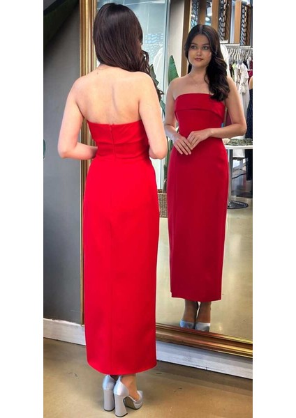 Kırmızı Straplez Yaka Yırtmaçlı Düz Kesim Krep Midi Abiye Elbise 7692 indirimleri