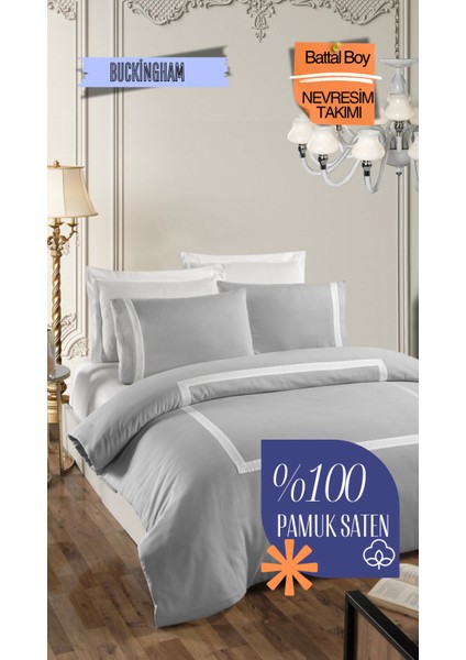 Buckingham V.2 %100 Pamuk Saten King Size (XL/Battal) Çift Kişilik Nevresim Takımı - Gri Beyaz