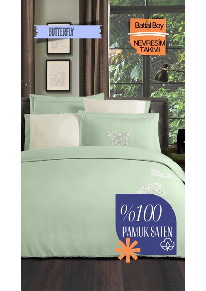 Butterfly V.2 %100 Pamuk Saten Standart Çift Kişilik Nevresim Takımı - Yeşil