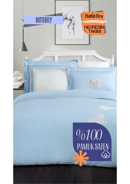 Butterfly V.1 %100 Pamuk Saten King Size (Xl/battal) Çift Kişilik Nevresim Takımı- Mavi